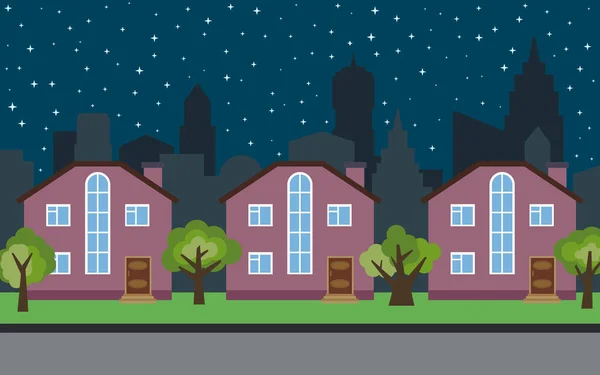 Vektor město s třemi kreslený příběh dvou domů a zelených stromů v noci. — Stockový vektor
