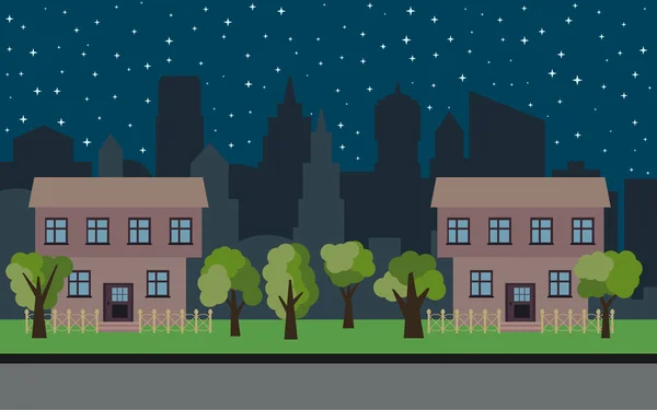 Διάνυσμα πόλη με δύο Μονοκατοικίες δύο ιστορία κινουμένων σχεδίων και τα πράσινα δέντρα τη νύχτα — Διανυσματικό Αρχείο