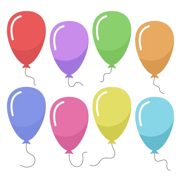 Set de ocho globos de colores con una cuerda aislada sobre fondo blanco . — Archivo Imágenes Vectoriales