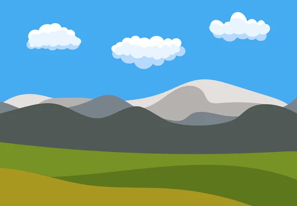 Natural cartoon landscape in the flat style with blue sky, clouds, hills and mountains — Stock Vector