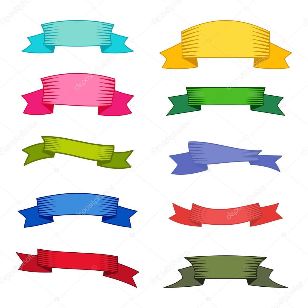 Set of ten multicolor ribbons and banners for web design.