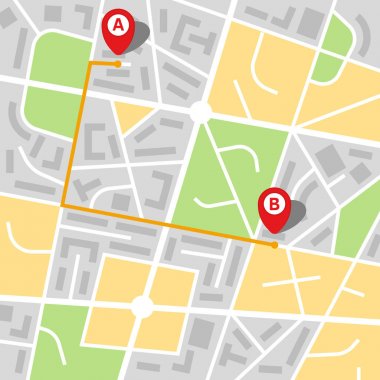 Noktasından bir B noktasına giden bir yol ile hayali bir şehir şehir haritası