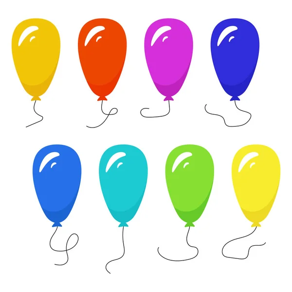 Ensemble de huit ballons colorés avec une corde isolée sur fond blanc — Image vectorielle