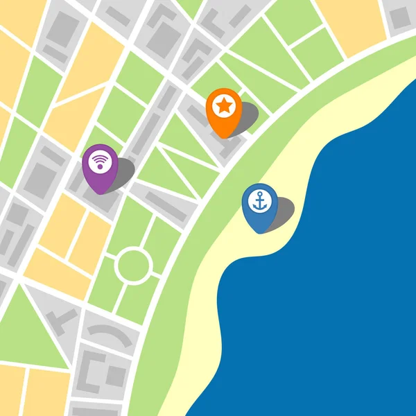 Stadskarta av en imaginär stad med ett hav och tre stift — Stock vektor