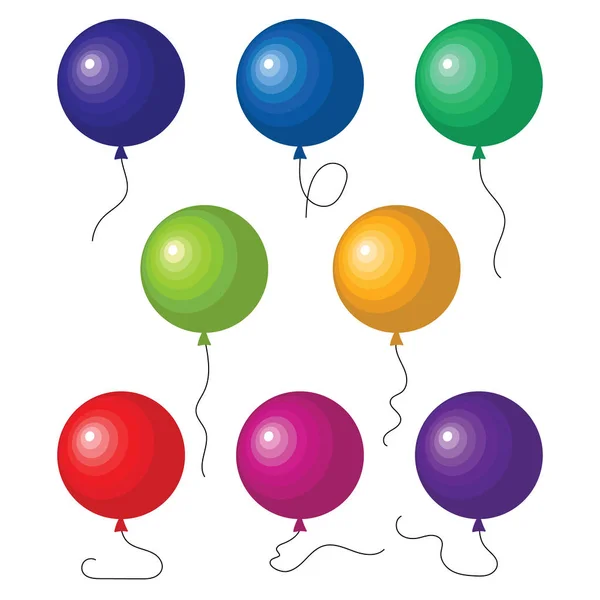Sada osmi barevných balónků s řetězcem izolovaných na bílém pozadí — Stockový vektor