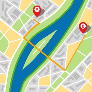 Bir nehir ve noktası b noktasından bir rota ile hayali bir şehir şehir haritası