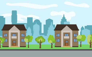 İki iki katlı karikatür ve yeşil ağaçların güneşli gün ile vektör şehir.