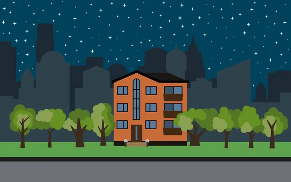 Векторный город с трехэтажным мультяшным домом и зелеными деревьями ночью — стоковый вектор