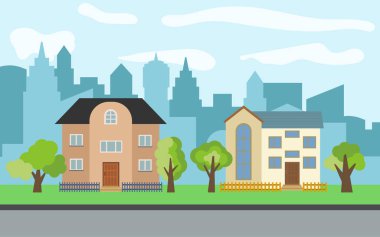 İki iki katlı karikatür ve yeşil ağaçların güneşli gün ile vektör şehir