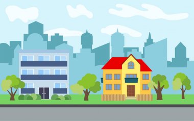 İki katlı ve üç katlı karikatür ve yeşil ağaçların güneşli gün ile vektör şehir