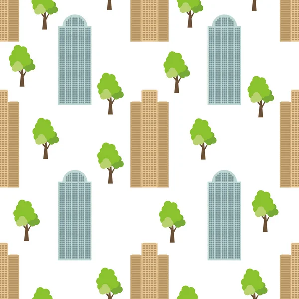 Бесшовный городской фон с современными домами и зелеными деревьями — стоковый вектор
