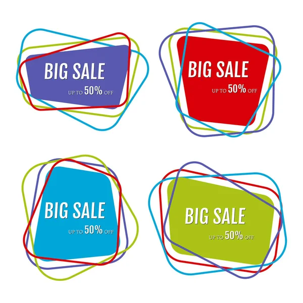 Set di quattro grandi adesivi di vendita con astratte linee caotiche colorate intorno — Vettoriale Stock