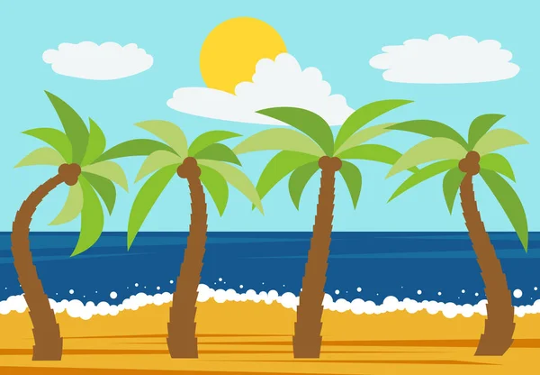 Cartoon paysage naturel avec quatre palmiers dans la plage d'été — Image vectorielle