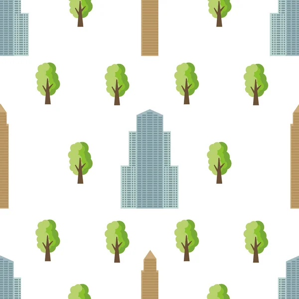 Seamless City Background Modern Houses Green Trees Vector Illustratio — Stock Vector