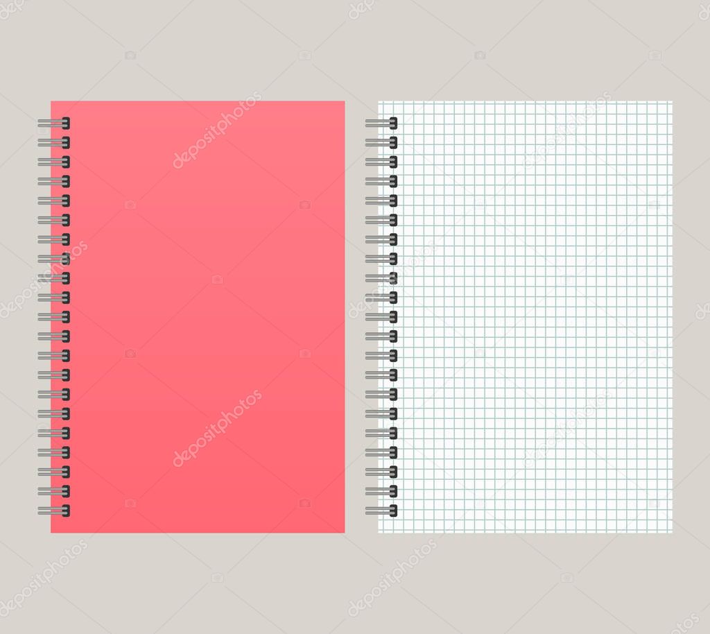 Notepad with a red cover and with a binding from left side. Vector illustratio