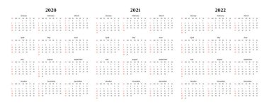 Calendars for 2020, 2021 and 2022 isolated on a white background vector