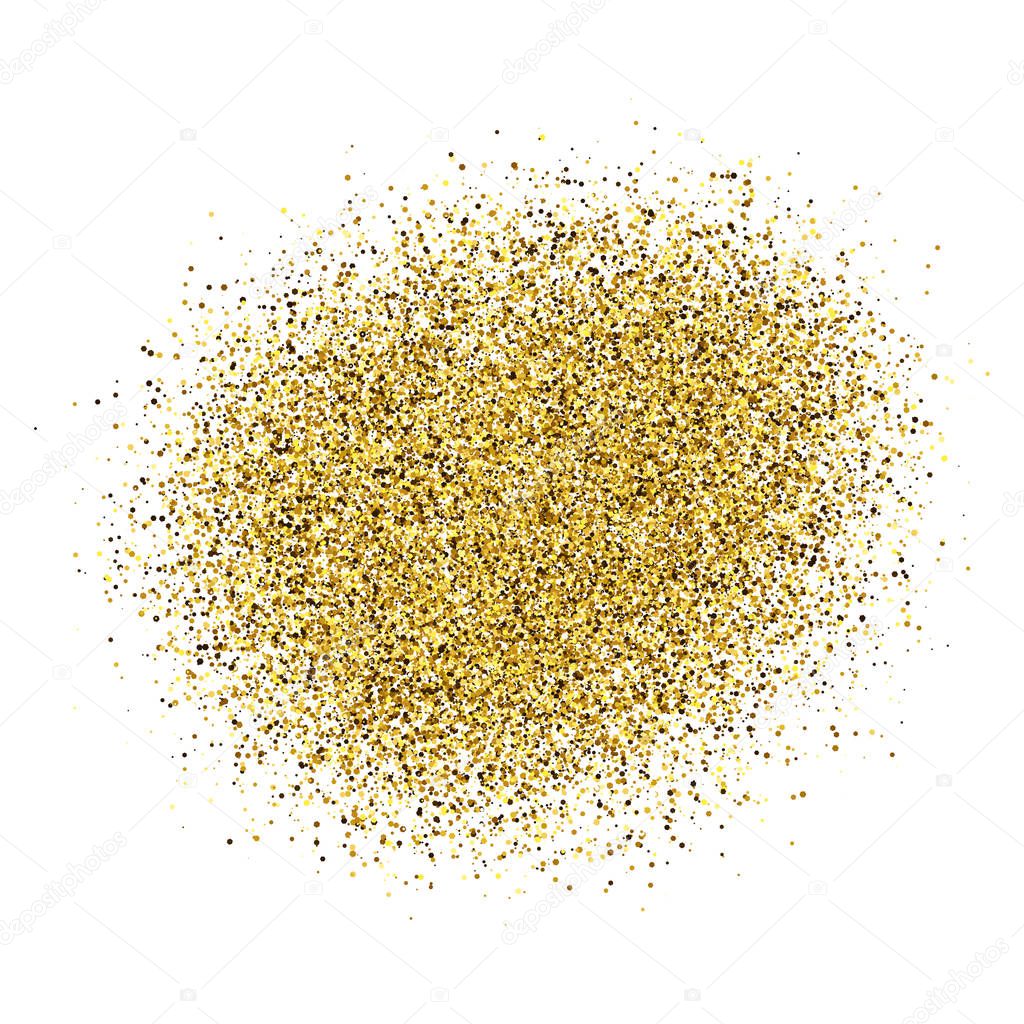 Golden Paint Glittering backdrop on a white background. Background with gold sparkles and glitter effect. Empty space for your text.  Vector illustration