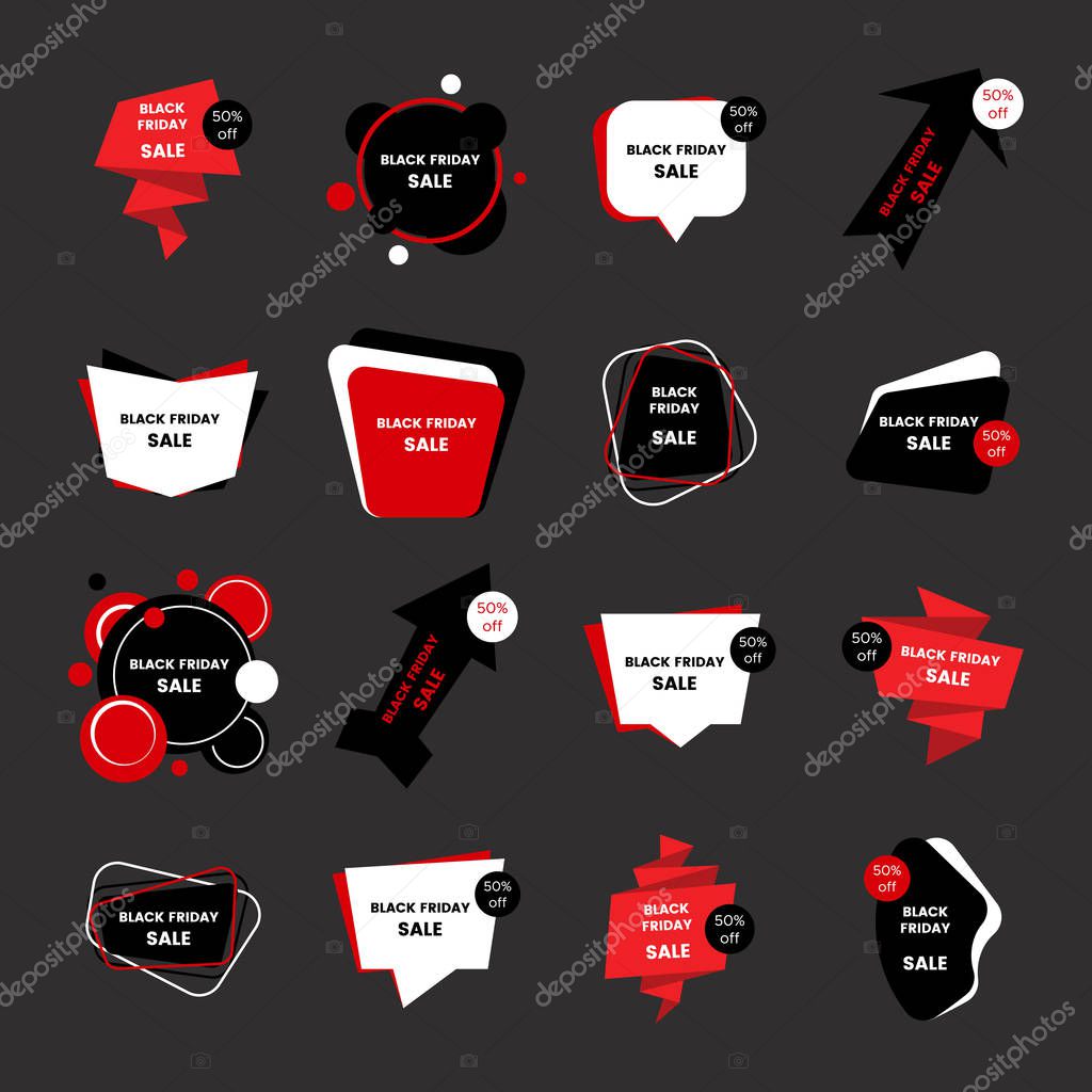 Black friday sale banners. Set of sixteen black friday sale badges and labels. Vector illustration