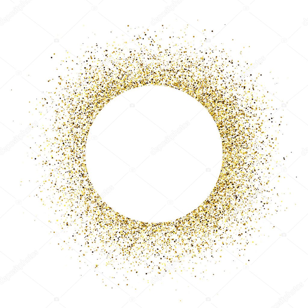 Greeting card with white round frame on golden glitter background. Empty white background. Vector illustration.