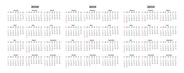 2020, 2021 ve 2022 takvimleri beyaz arka planda izole edildi