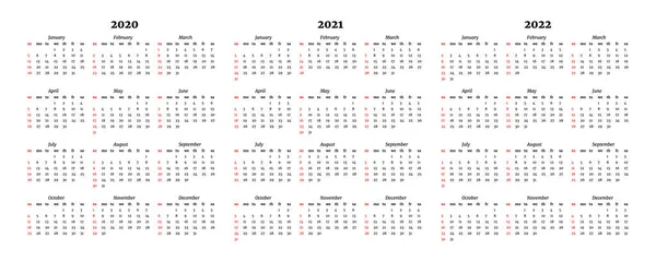 Calendars for 2020, 2021 and 2022 isolated on a white background Stock Illustration