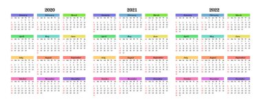 Calendars for 2020, 2021 and 2022 isolated on a white background vector