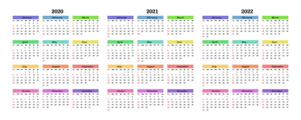 2020年、 2021年和2022年日历，白色背景孤立 — 图库矢量图片