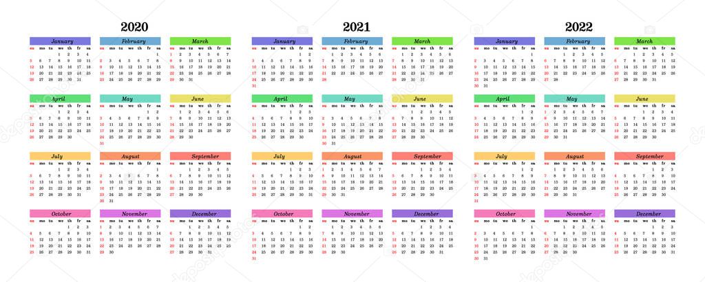 Calendars for 2020, 2021 and 2022 isolated on a white background