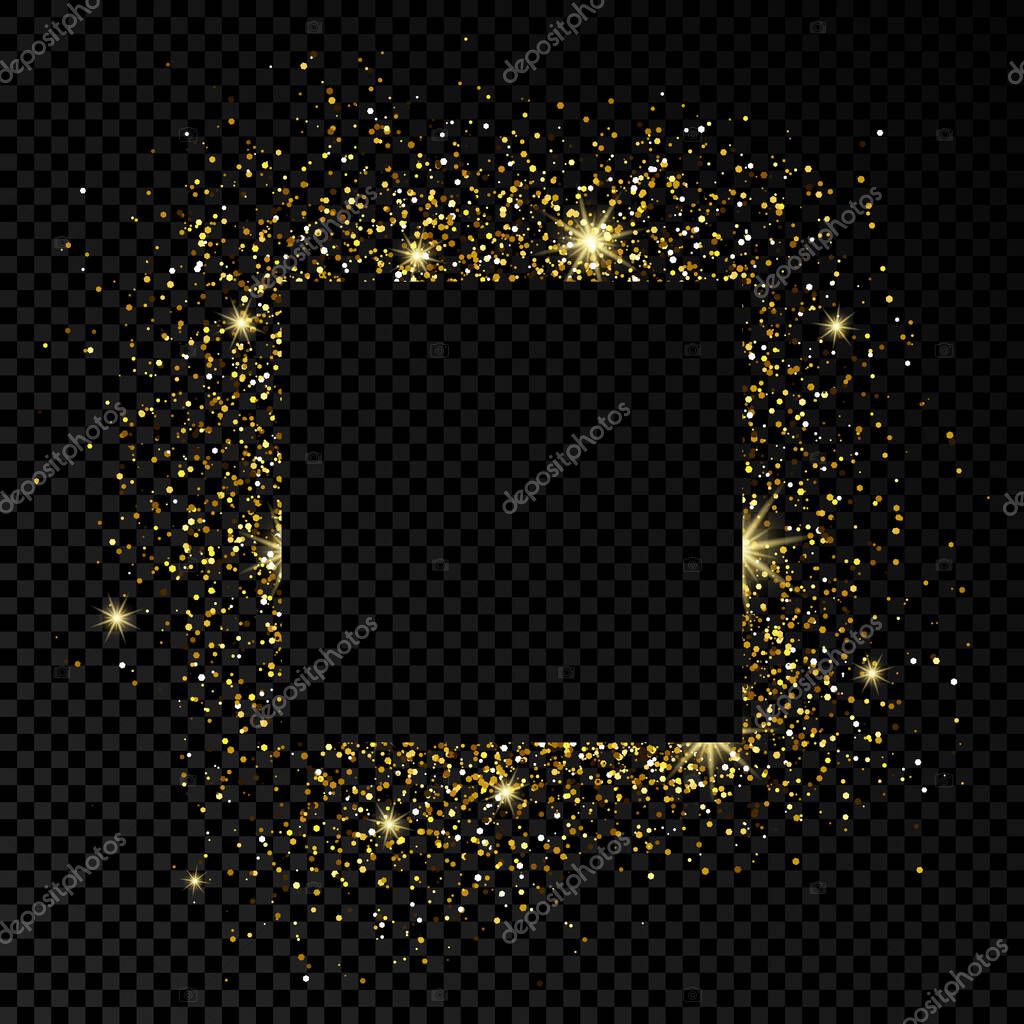 Square frame with golden glitter on dark transparent  background. Empty white background. Vector illustration.