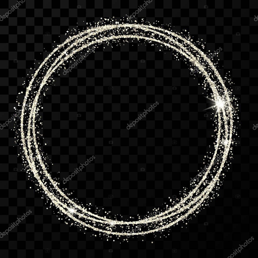 Silver circle frame. Modern shiny frame with light effects isolated on dark transparent background. Vector illustration.