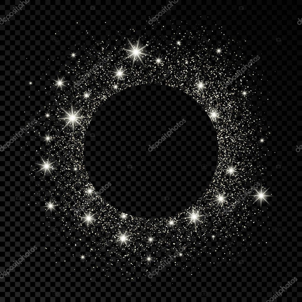 Round frame with silver glitter on dark transparent  background. Empty background. Vector illustration.