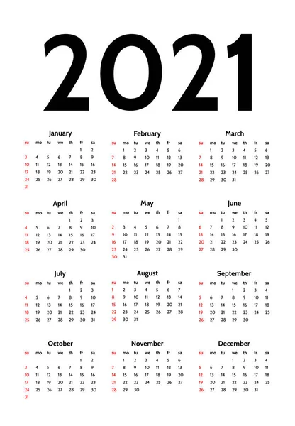 Calendario para 2021 aislado sobre fondo blanco — Vector de stock