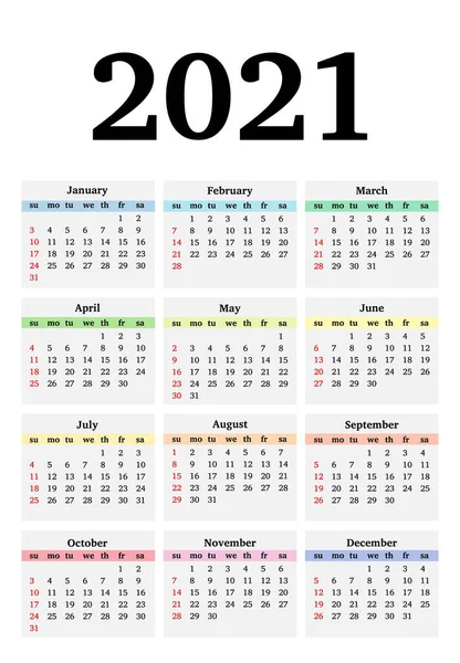 Calendar for 2021 isolated on a white background — Stock Vector