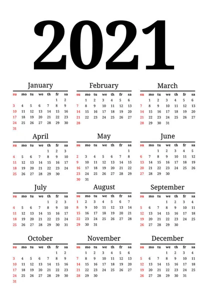Kalendarz na rok 2021 izolowany na białym tle — Wektor stockowy
