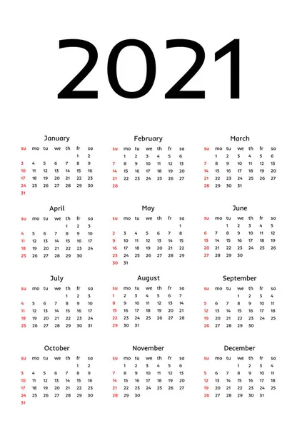 Kalender voor 2021 geïsoleerd op een witte achtergrond — Stockvector