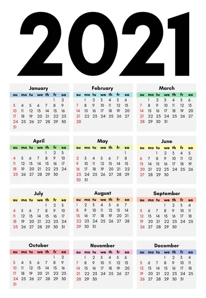 カレンダー2021年白い背景に隔離 — ストックベクタ