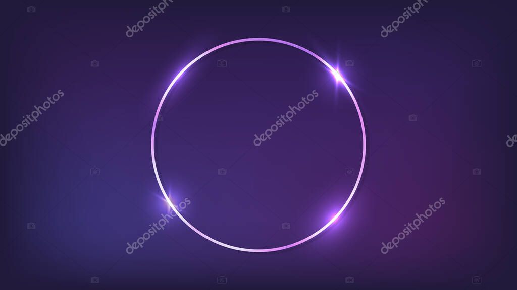 Neon round frame with shining effects on dark background. Empty glowing techno backdrop. Vector illustration.
