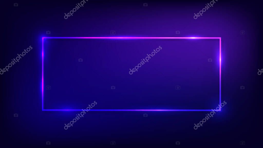 Neon rectangular frame with shining effects on dark background. Empty glowing techno backdrop. Vector illustration.