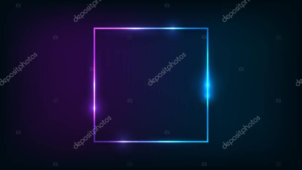 Neon square frame with shining effects on dark background. Empty glowing techno backdrop. Vector illustration.