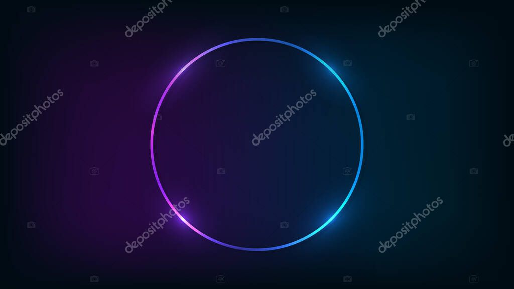 Neon round frame with shining effects on dark background. Empty glowing techno backdrop. Vector illustration.