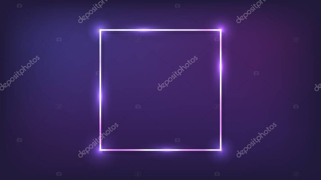 Neon square frame with shining effects on dark background. Empty glowing techno backdrop. Vector illustration.