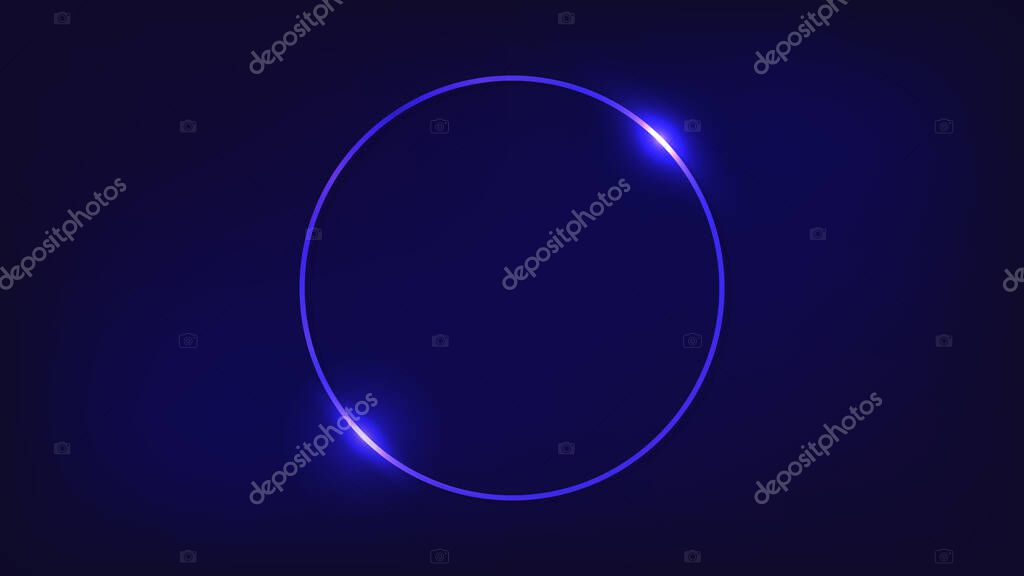 Neon round frame with shining effects on dark background. Empty glowing techno backdrop. Vector illustration.