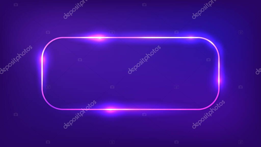 Neon rounded rectangular frame with shining effects on dark background. Empty glowing techno backdrop. Vector illustration.
