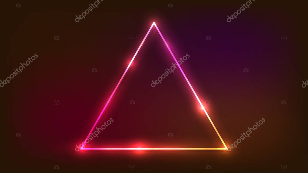 Neon triangular frame with shining effects on dark background. Empty glowing techno backdrop. Vector illustration.