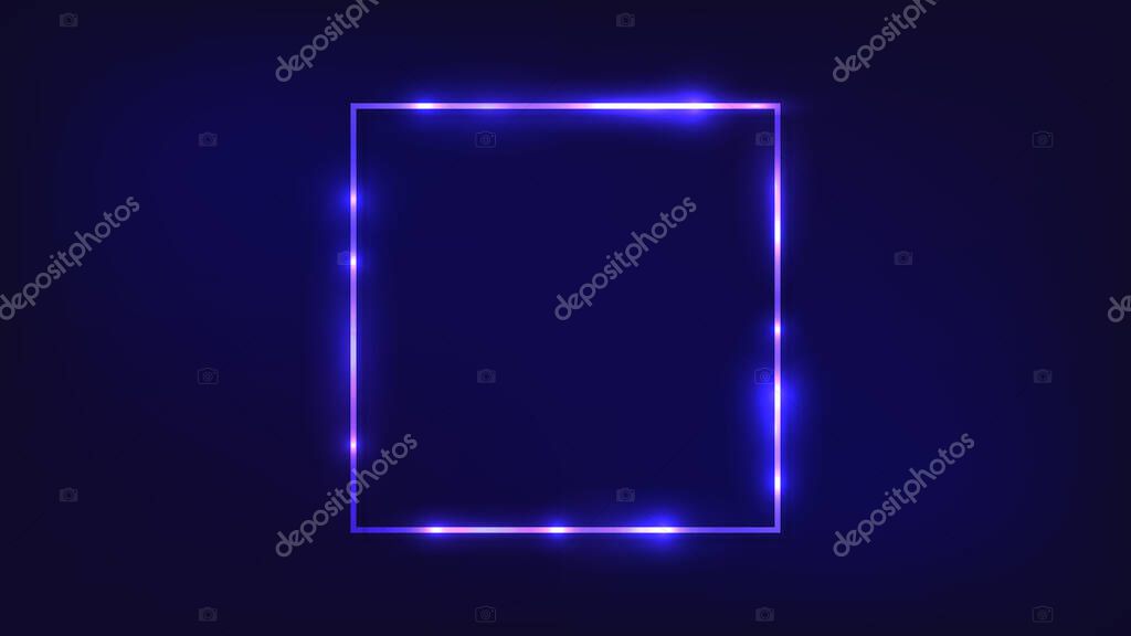 Neon square frame with shining effects on dark background. Empty glowing techno backdrop. Vector illustration.