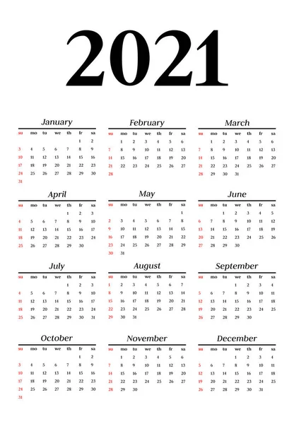 Calendar for 2021 isolated on a white background — Stock Vector