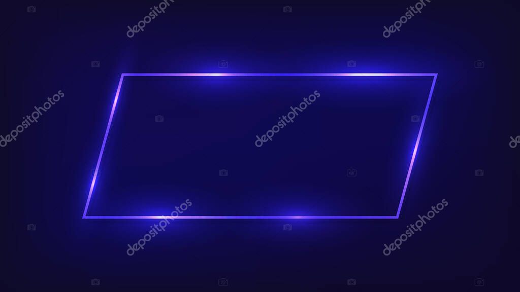Neon rectangular frame with shining effects on dark background. Empty glowing techno backdrop. Vector illustration.