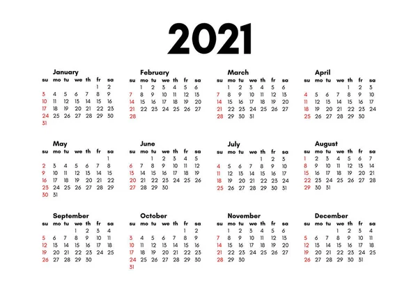 Calendário para 2021 isolado em um fundo branco —  Vetores de Stock
