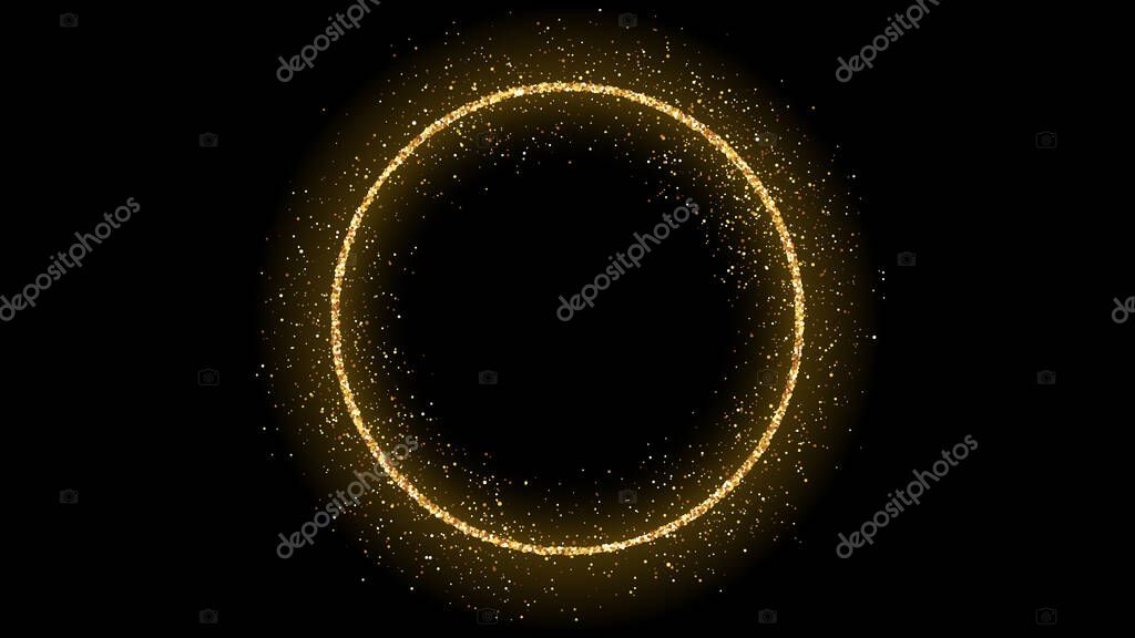 Golden circle frame with glitter, sparkles and flares on dark background. Empty luxury backdrop. Vector illustration.