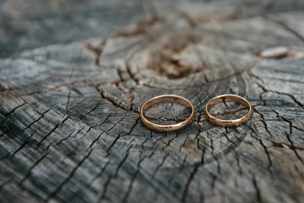 Hermosos anillos de boda sobre fondo de madera, un muñón —  Fotos de Stock